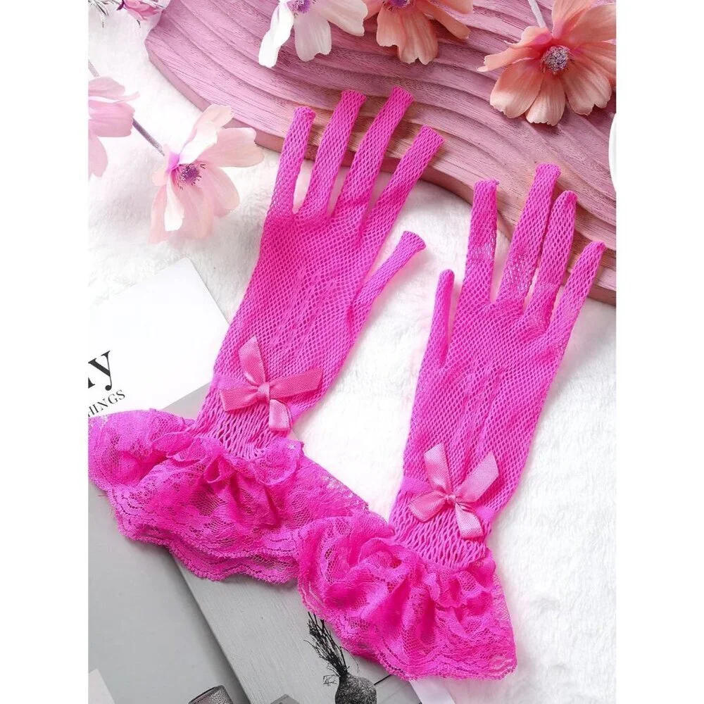 Women's Elegant Rose Red Short Bow Style Lace Gloves Dinner Wedding Party Prom